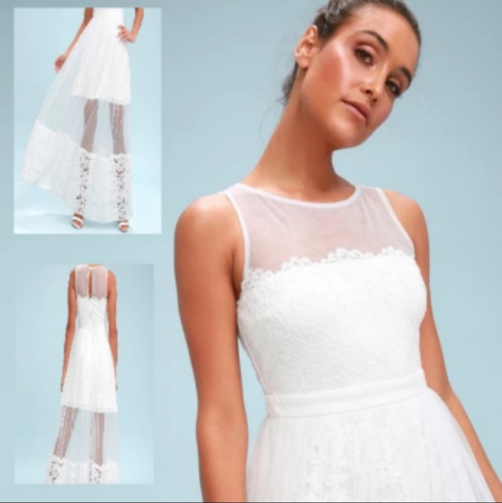 Lulu's White Sleeveless Crew Neck Bridal Maxi Sundress